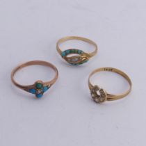 A small Victorian style turquoise and seed pearl Ring, unmarked engraved shank, tested as 15ct gold,