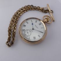 A gold plated Waltham Equity Pocket Watch, white enamel dial with Roman numerals and subsidiary