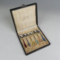 A cased set of six Norwegian silver and enamel Coffee Spoons, by Niels Klemetsen, 10cm long, the
