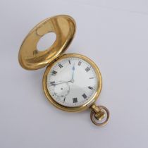 An 18ct yellow gold half hunter Pocket Watch, unsigned white enamel dial with Roman Numerals and