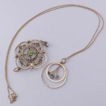 An Art Nouveau peridot and seed pearl Pendant, the reverse marked 9ct, 4.5cm long, together with a
