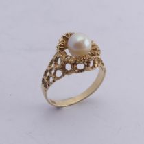 A small cultured pearl Ring, in 9ct gold textured pierced mount, Size M, 2.3g.