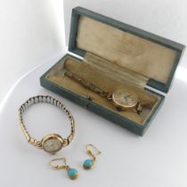 A pair of 9ct gold and turquoise Earrings, with hook fittings, total weight 2.1g, together with