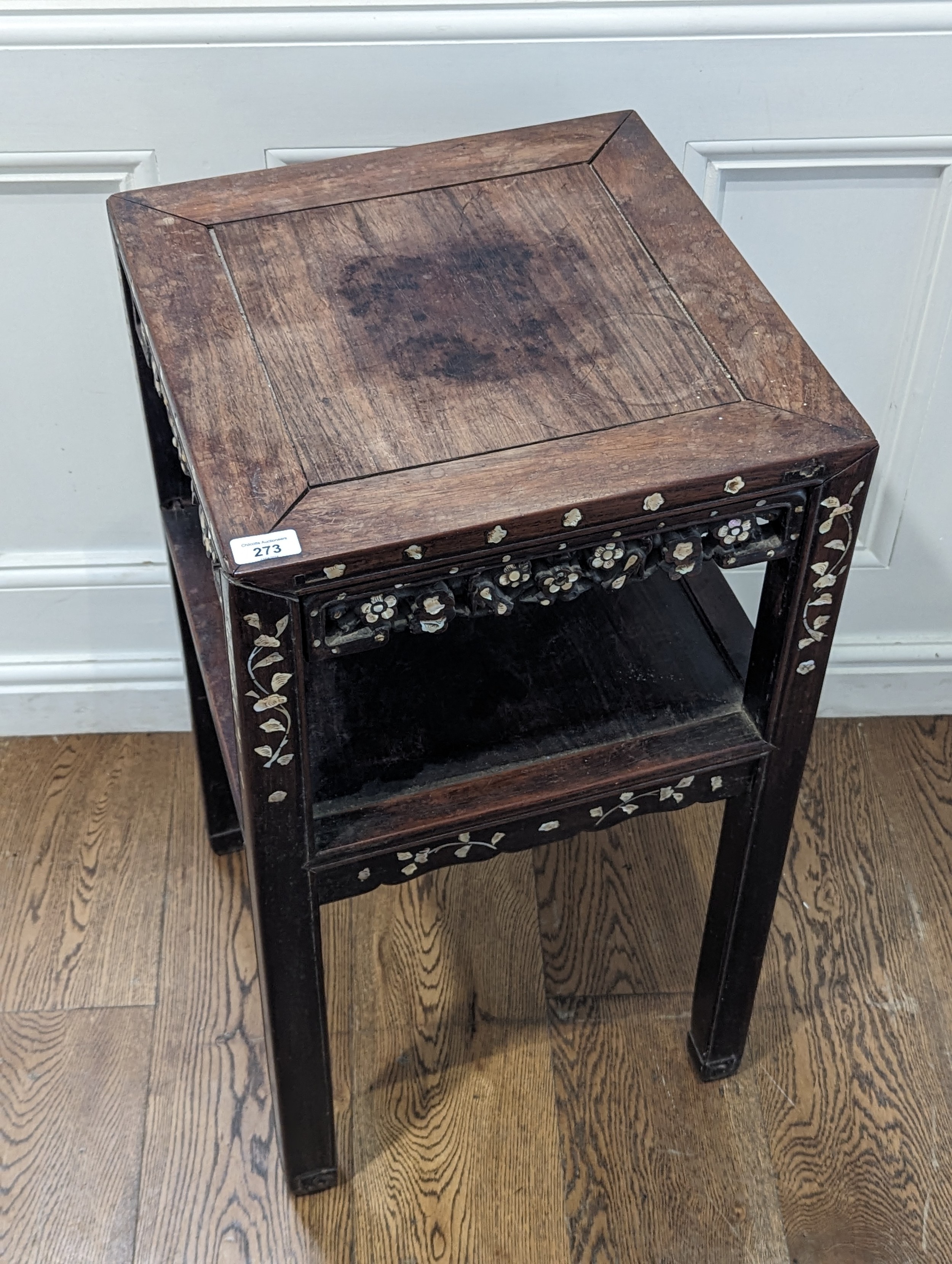 An antique Chinese hardwood and mother of pearl inlaid two-tiered side Table, square top above - Image 3 of 4