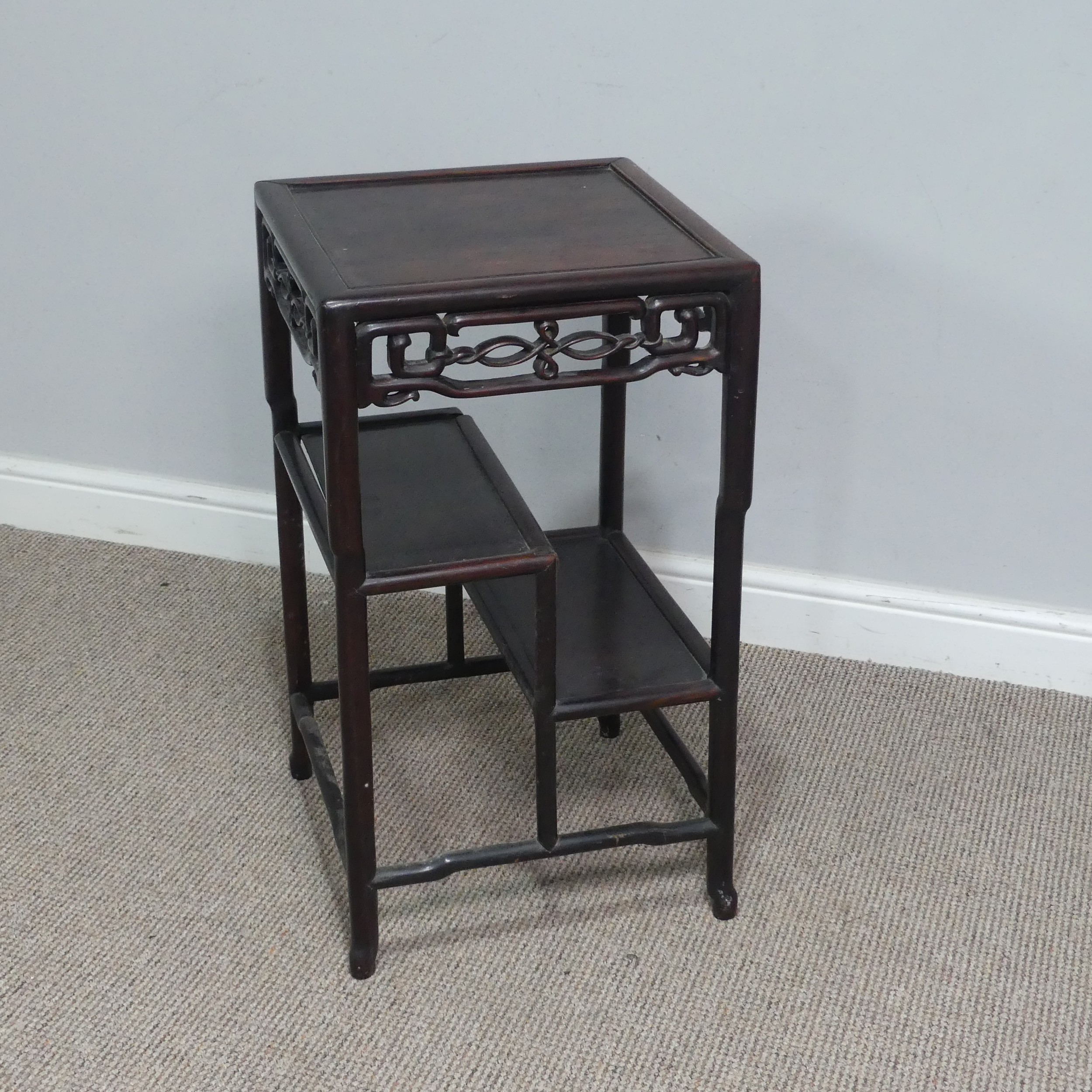 An antique Chinese hardwood Side Table, probably rosewood, square top with pierced and carved - Image 3 of 5