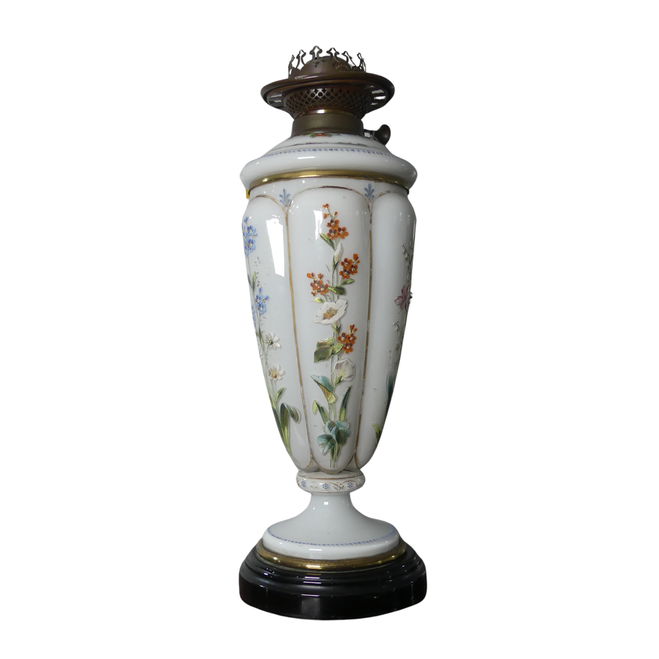 A Victorian opaque and painted glass Oil Lamp, by 'Wright & Butler, Birmingham', burner marked '