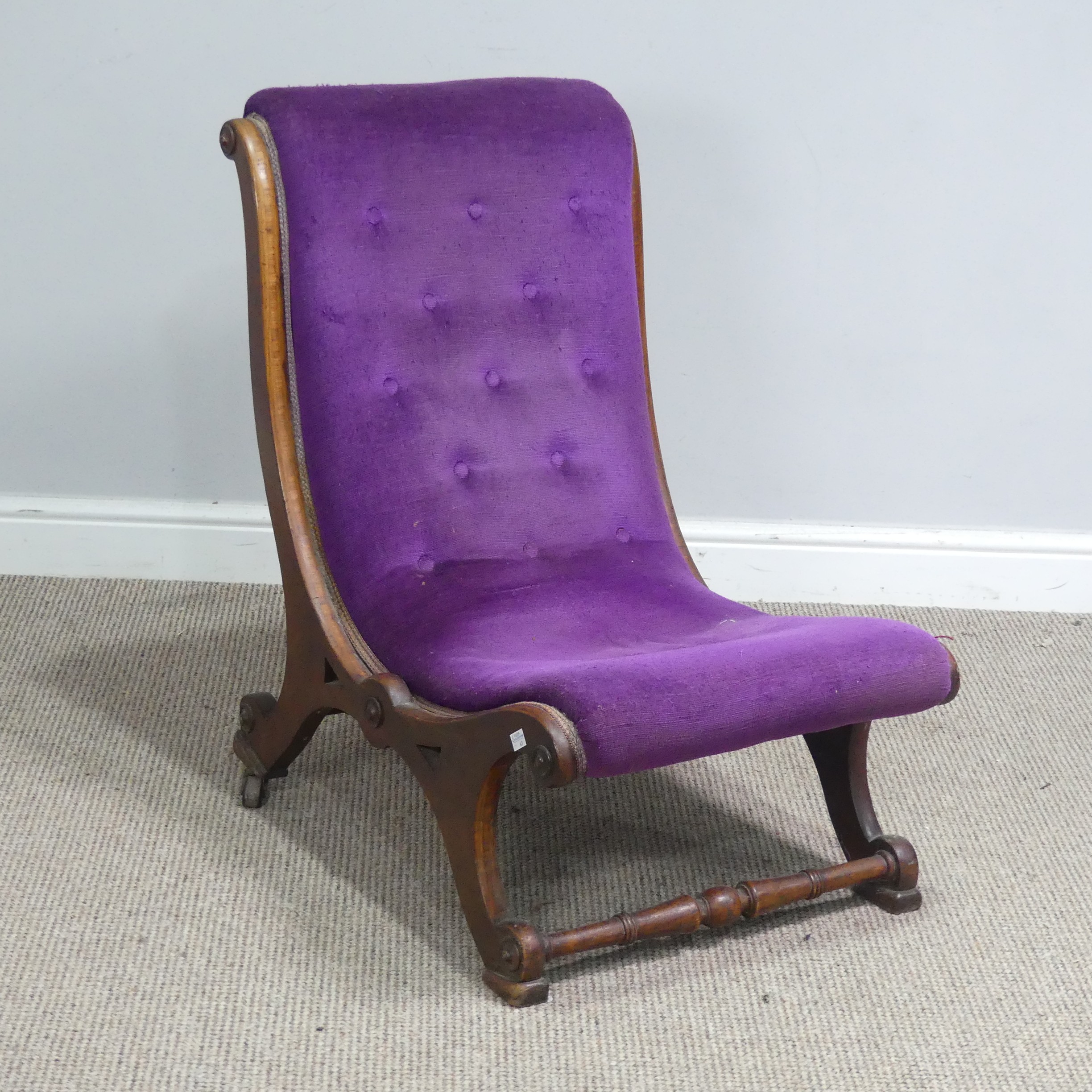 An antique Regency style scroll mahogany Nursing Chair, with button-back purple upholstery, W 40 - Image 2 of 7