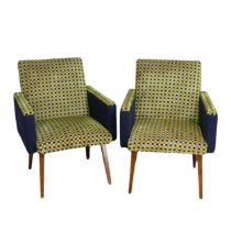 A pair of retro green and blue upholstered Armchairs, circa 1960s, W 61 cm x H 82 cm x  D 68 cm(2)