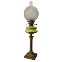 An antique brass corinthian column Oil Lamp, painted Bohemian style glass reservoir, stamped '