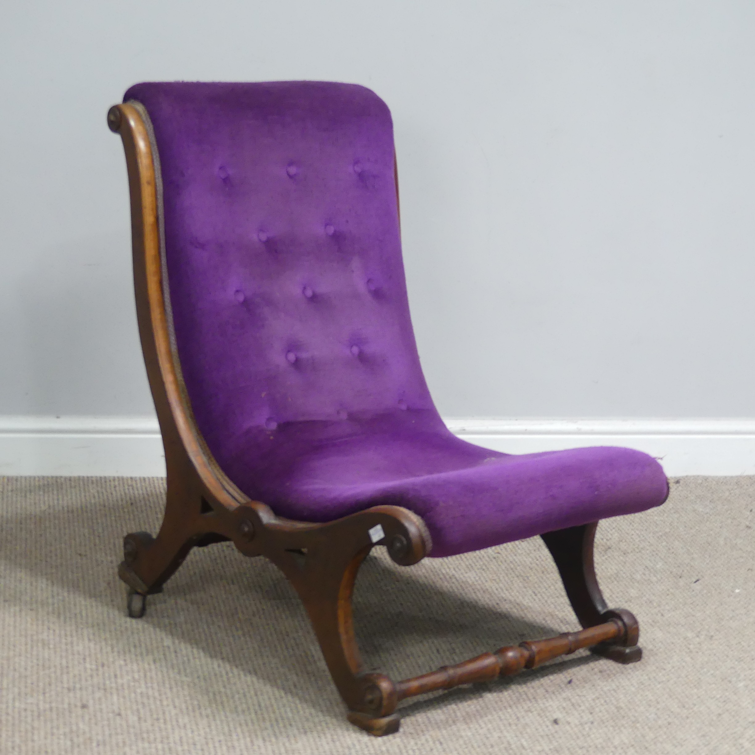 An antique Regency style scroll mahogany Nursing Chair, with button-back purple upholstery, W 40 - Image 3 of 7