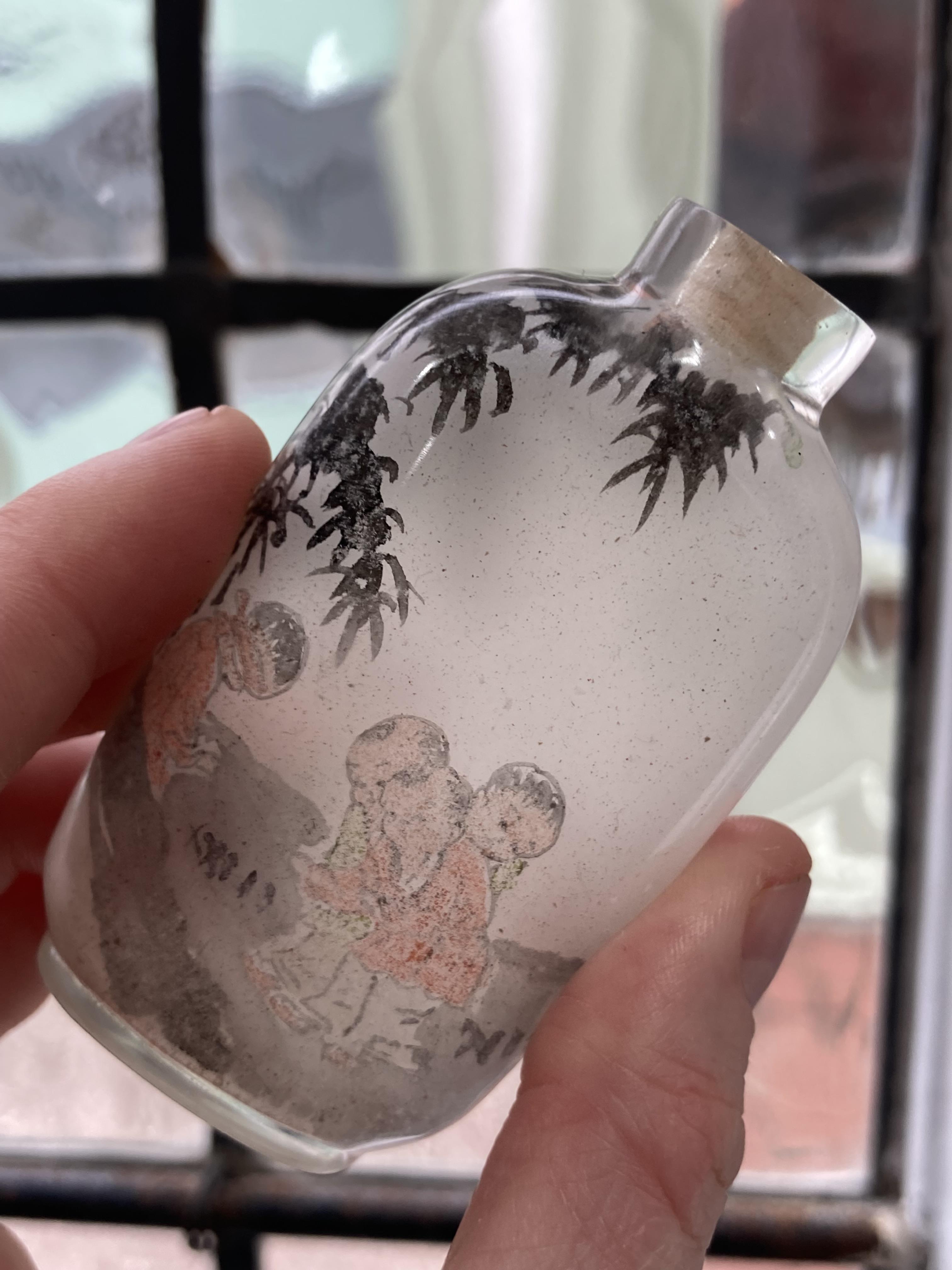 A 19thC Chinese milk glass enamelled Snuff Bottle, enamelled with a fisherman with animals under a - Image 14 of 21