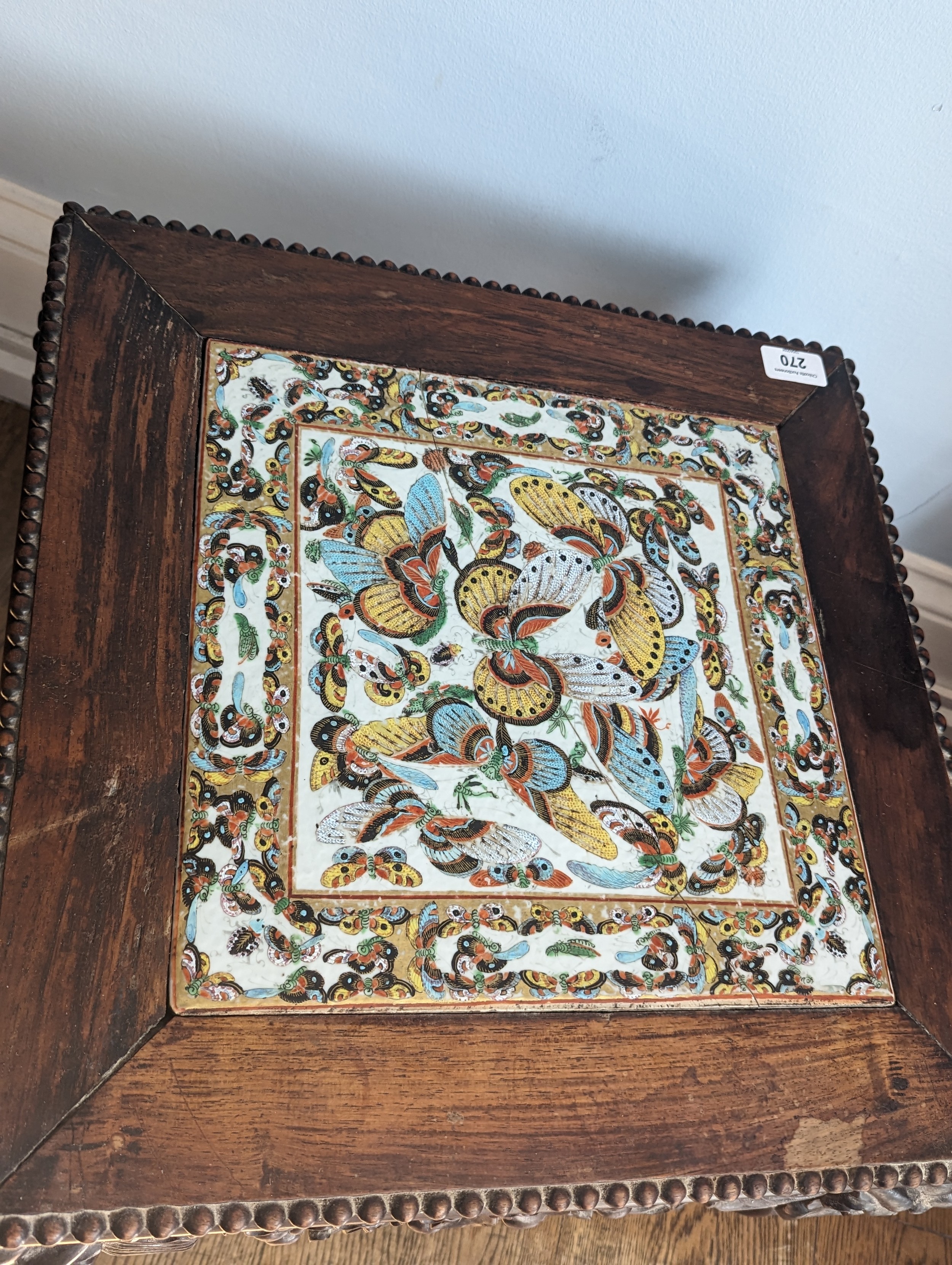 An unusual antique Chinese carved hardwood tile top side Table / Plant Stand, square top inset - Image 4 of 4