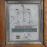 A small Georgian Sampler, depicting a three-mast sailing ship, inscribed 'Melbourn', with crown