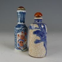 A Chinese porcelain blue and white crackleware Snuff Bottle, of shouldered tapering conical form,