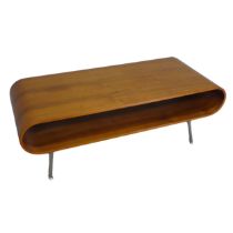 A Retro teak bentwood coffee Table, raised on chrome legs, W 120 cm x H 45 cm x D 50 cm.