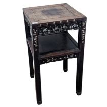 An antique Chinese hardwood and mother of pearl inlaid two-tiered side Table, square top above