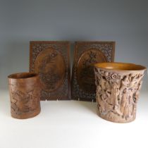 A Chinese carved bamboo Brush Pot, of cylindrical form, H 16.5cm, together with a pair of Chinese