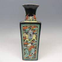 An antique Chinese famille verte biscuit Vase, of tapering square with flared rim, restored,