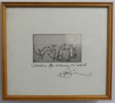 Julian Williams (b. 1953), ‘Celebration after butchering the local cat’, etching, signed and