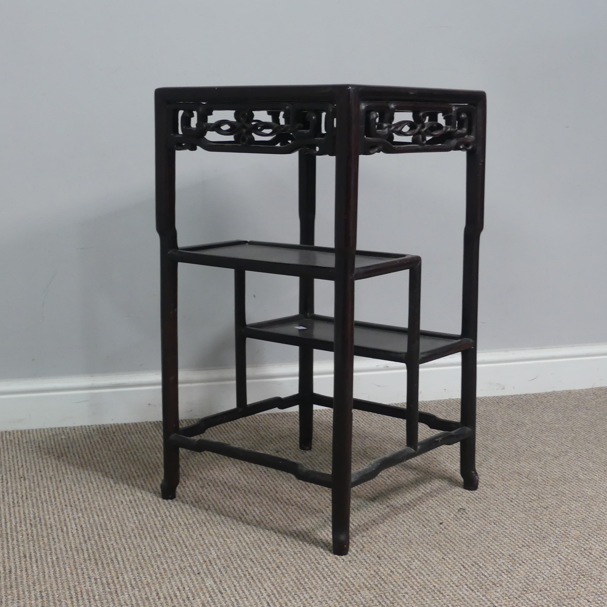 An antique Chinese hardwood Side Table, probably rosewood, square top with pierced and carved - Image 5 of 5