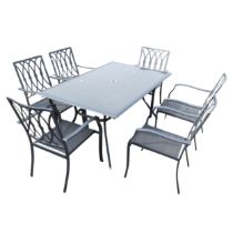 A contemporary glass-topped garden / conservatory Table, together with six matching Chairs, (