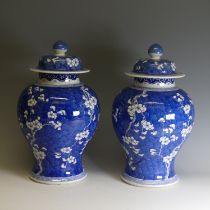 A pair of early 20th century Chinese blue and white porcelain prunus Temple Jars, decorated in