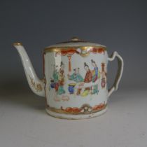 An antique Chinese porcelain Teapot, red scale decoration with colourful enamels of figures, cross