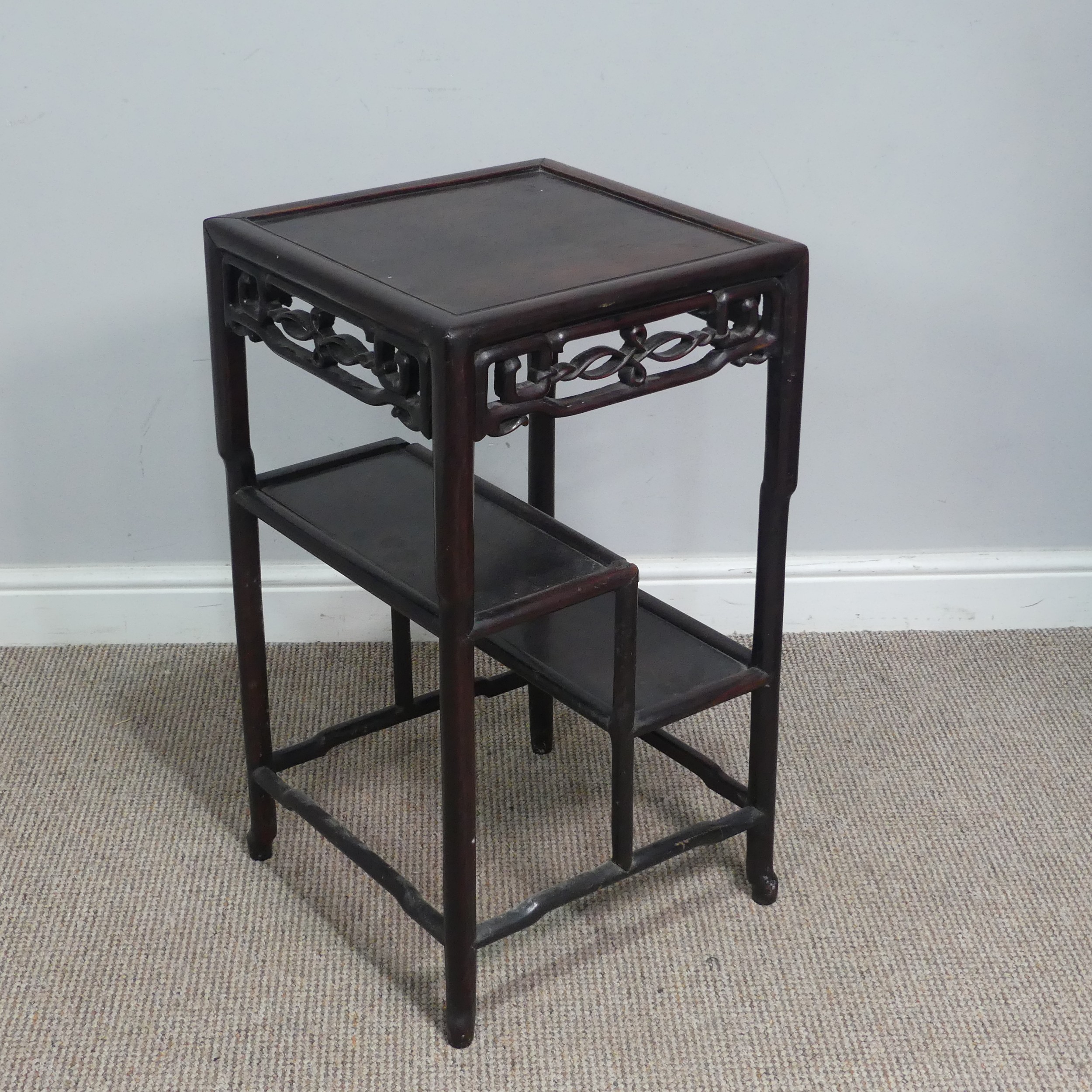 An antique Chinese hardwood Side Table, probably rosewood, square top with pierced and carved - Image 2 of 5