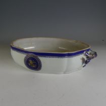 A 19thC Chinese porcelain Tureen, lacking cover, white ground with cobalt blue and gilt