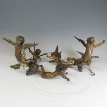 A pair of antique gilt metal Cherub ceiling Lights / Hangings, together with two antique brass