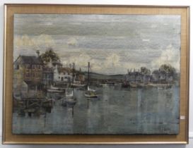 F. J. Dempsey (20th century), Fishing village with boats and buildings by the quay, possibly Kent,