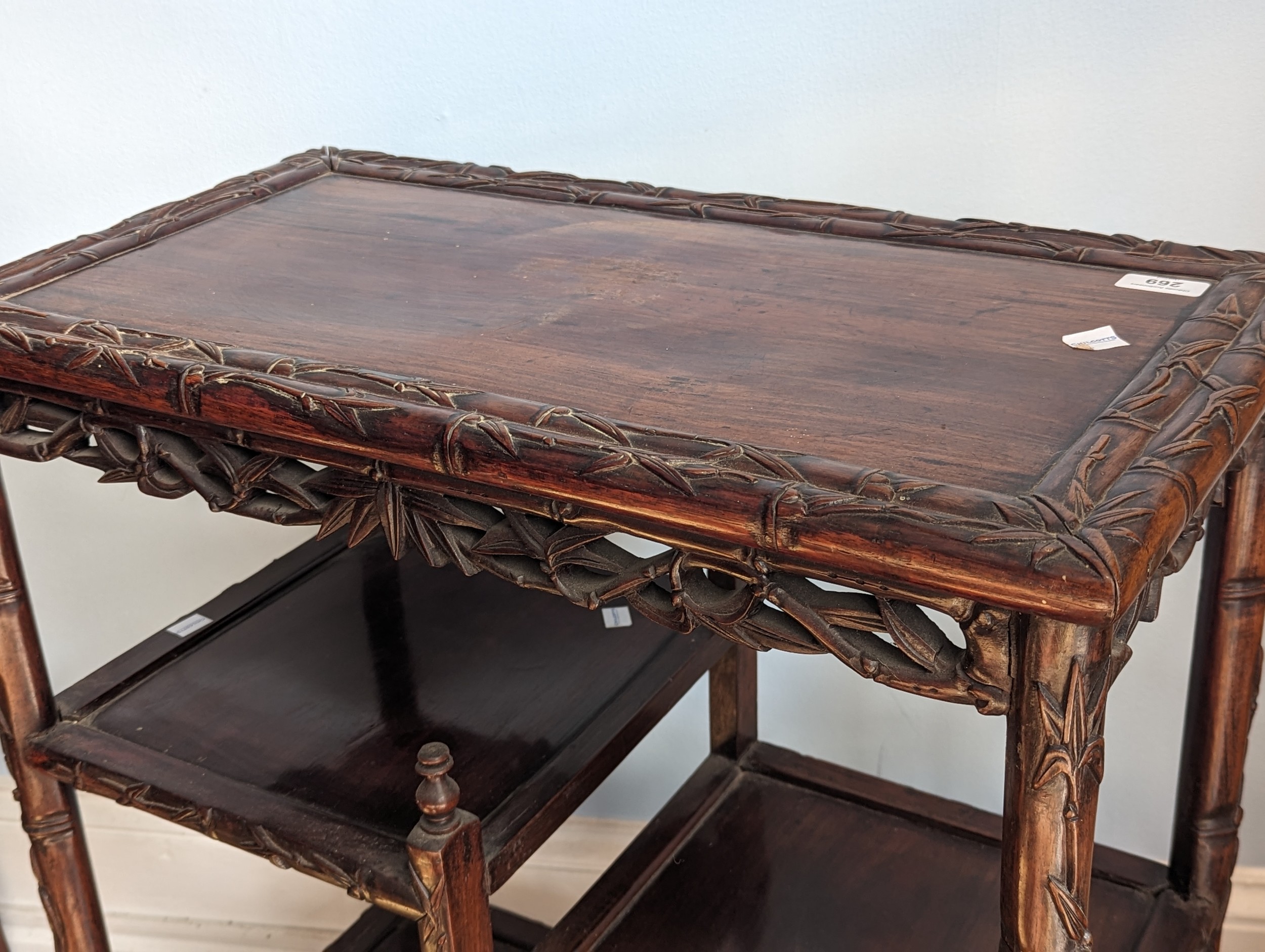 An antique Chinese rosewood side Table, the rectangular top with carved bamboo style edges, tiered - Image 3 of 5