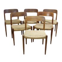 A set of six mid-20thC Niels Moller for J L Moller bar back teak dining Chairs, all with rush seats,