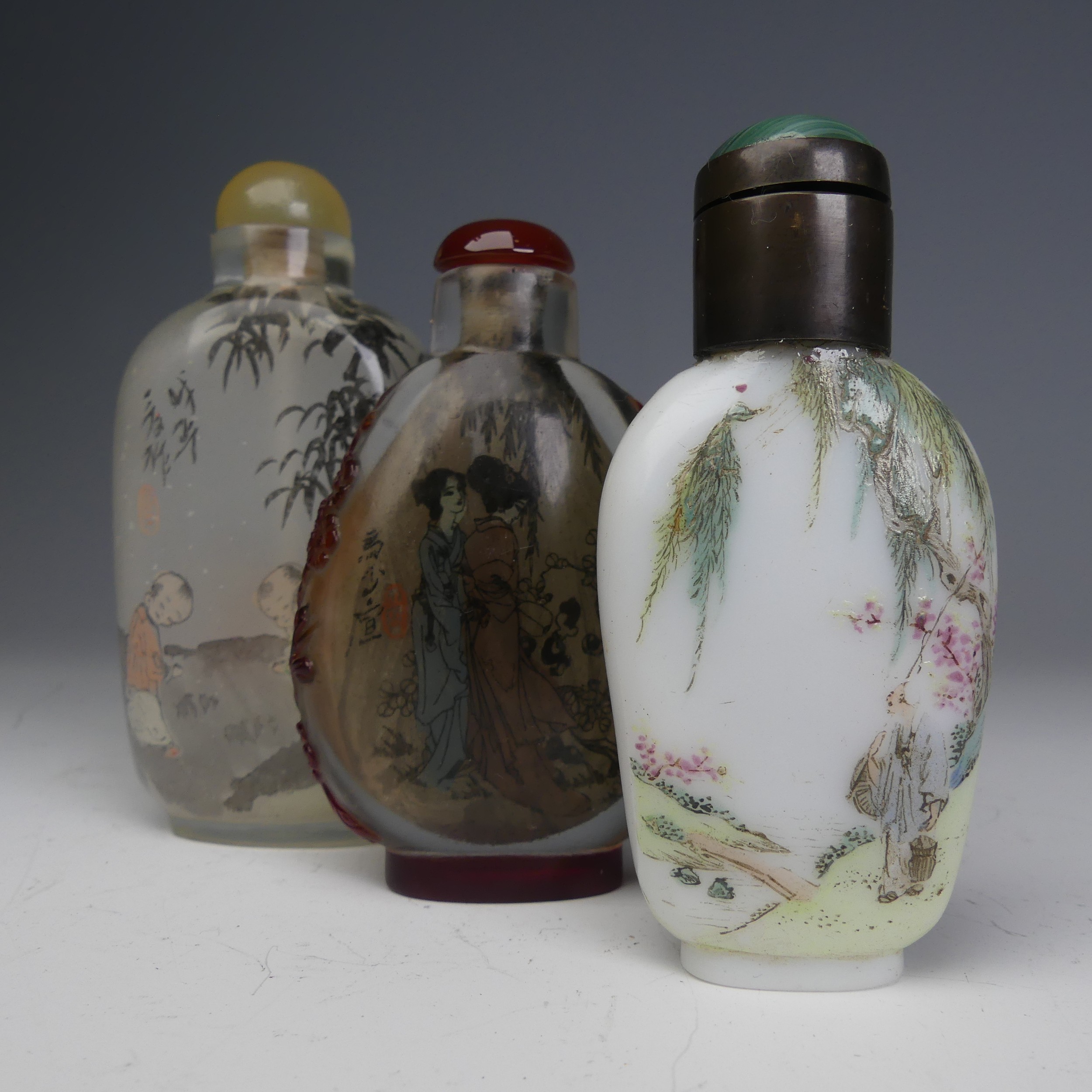 A 19thC Chinese milk glass enamelled Snuff Bottle, enamelled with a fisherman with animals under a - Image 2 of 21