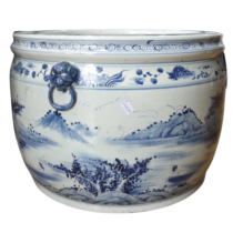 A large 19thC Chinese blue and white porcelain Jardiniere, decorated in mountainous landscape, D