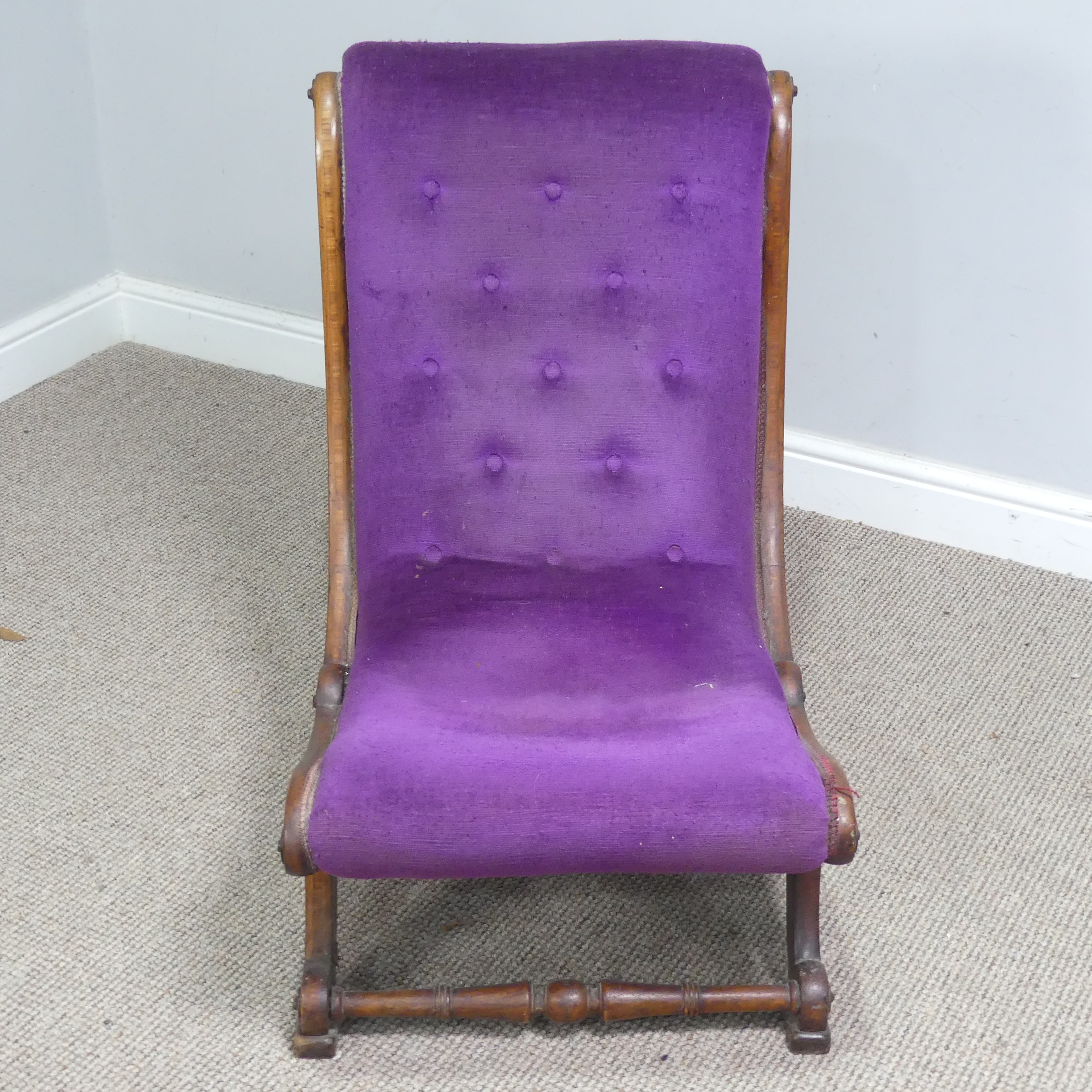 An antique Regency style scroll mahogany Nursing Chair, with button-back purple upholstery, W 40 - Image 5 of 7