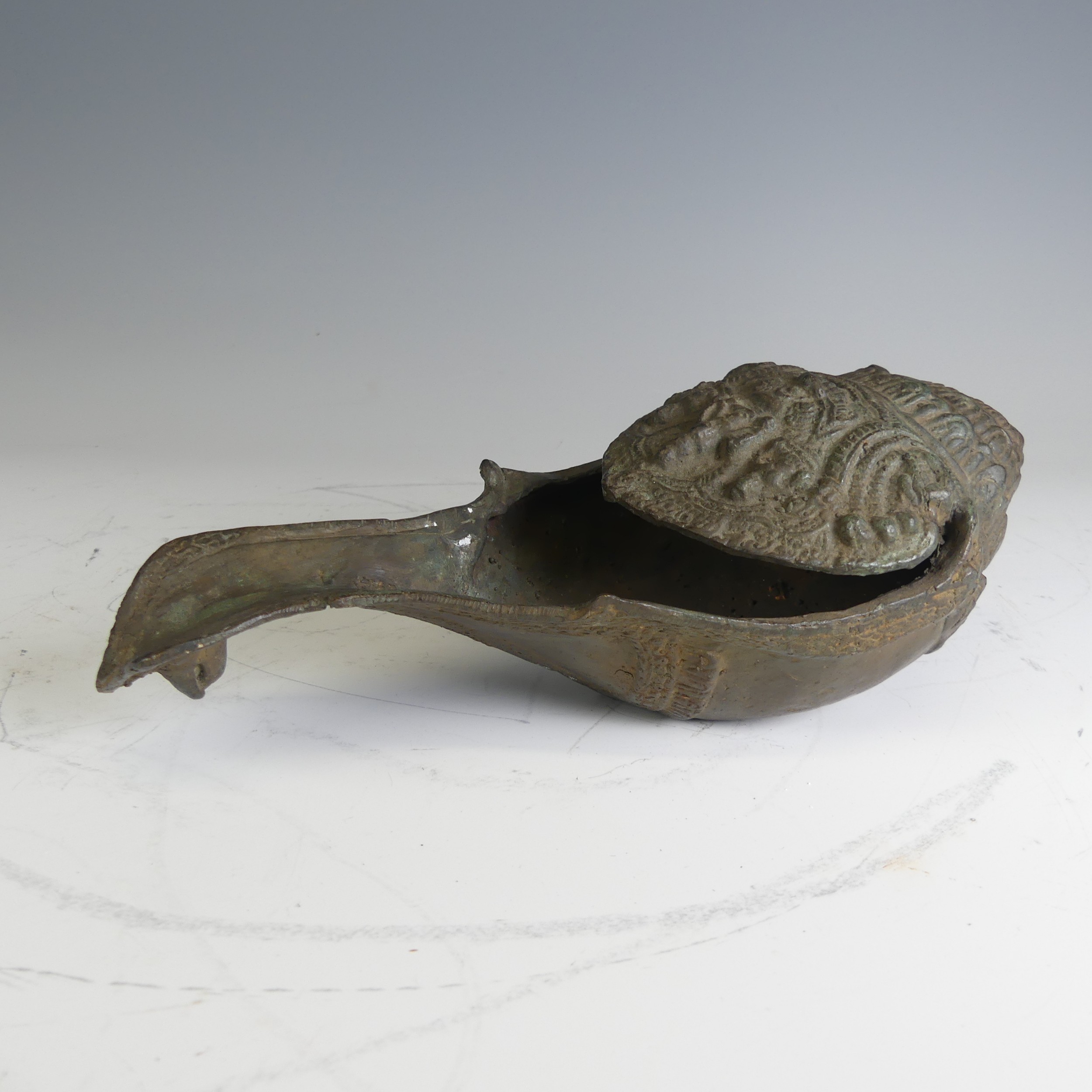 An unusual antique Thai bronze ceremonial drinking Vessel / Conch, L 28 cm.