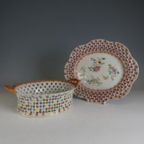 A 19thC Chinese export porcelain reticulated Basket and associated Saucer, with interior painted