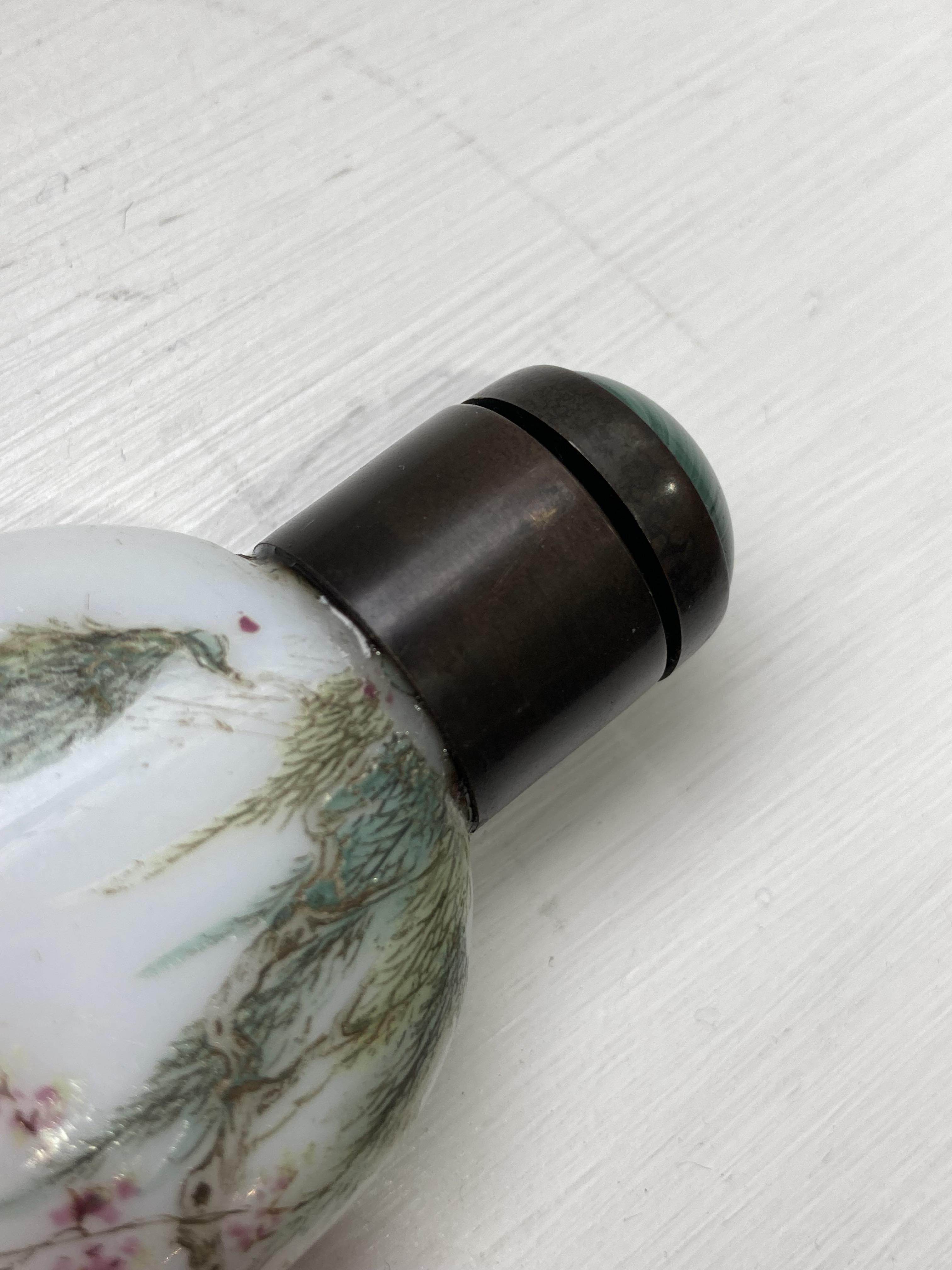A 19thC Chinese milk glass enamelled Snuff Bottle, enamelled with a fisherman with animals under a - Image 8 of 21