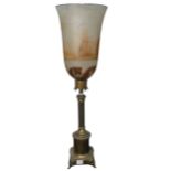 A antique brass table Lamp / candle Holder, large painted frosted glass goblet shade, depicting
