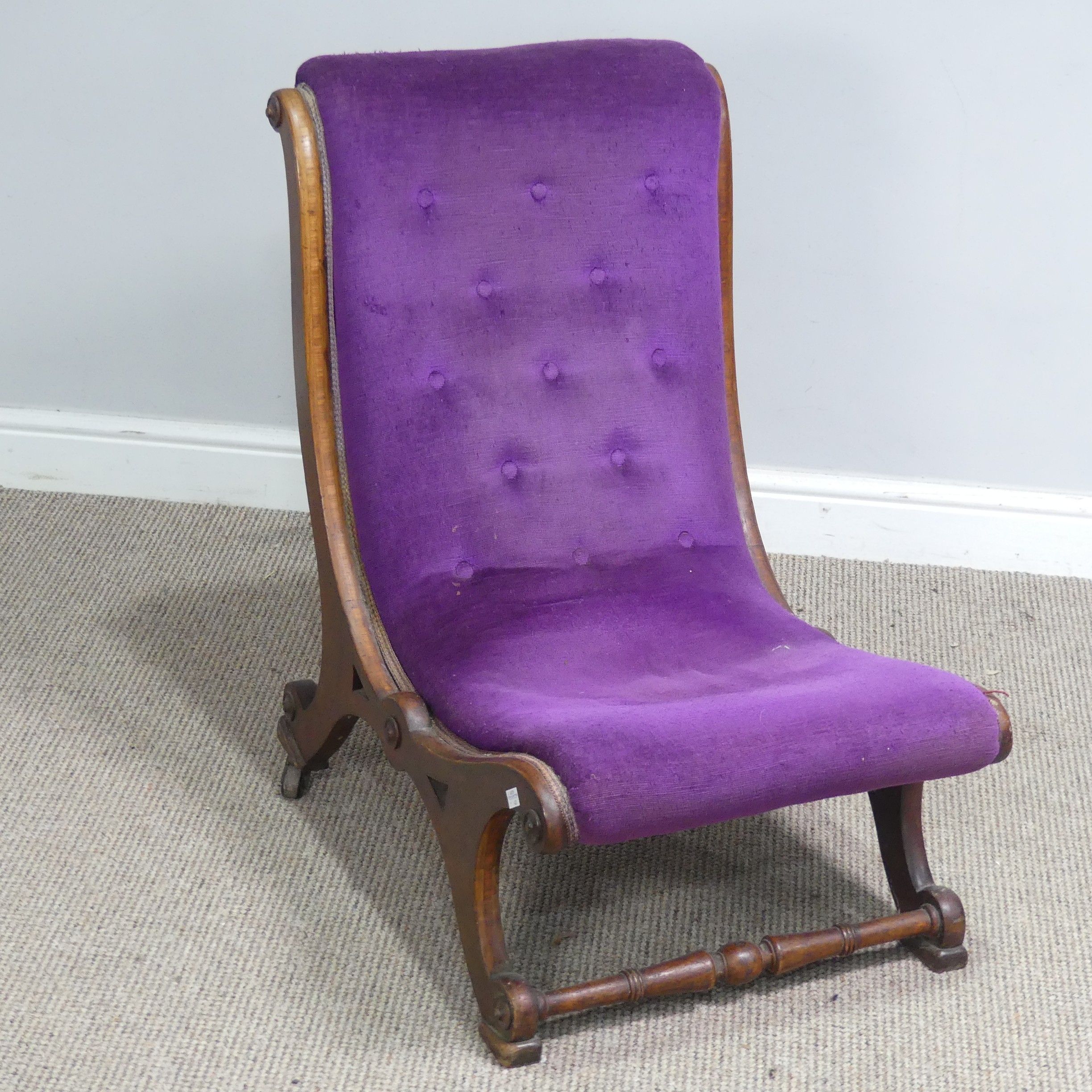 An antique Regency style scroll mahogany Nursing Chair, with button-back purple upholstery, W 40 - Image 4 of 7