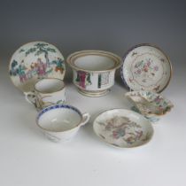 A 19thC Chinese porcelain Cup and Saucer, of moulded form with overpainted decoration, together with