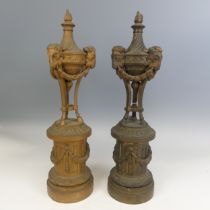 A pair of large French 19th century gilt metal Garnitures, the tops of urn form, both with flame