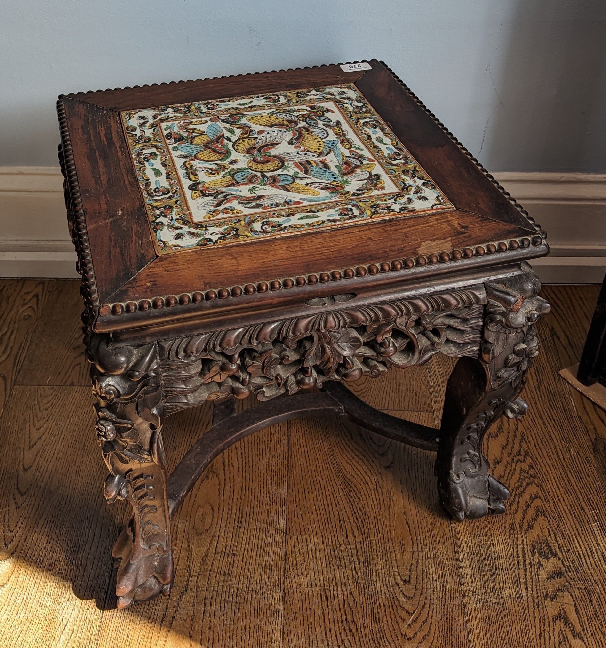 An unusual antique Chinese carved hardwood tile top side Table / Plant Stand, square top inset - Image 2 of 4