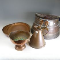 A Dring & Fage copper '1 gallon' Jug, together with a copper wall coal scuttle, copper dish,