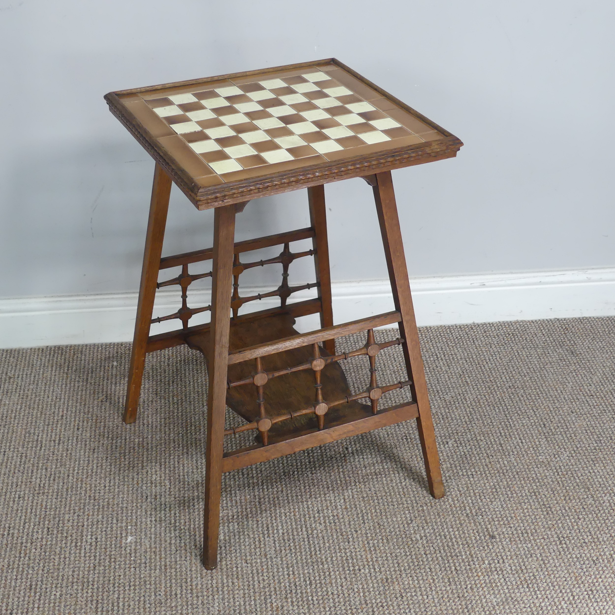 An unusual Arts and Crafts/Aesthetic Movement oak tile top Table, probably by Shapland and Petter o - Image 2 of 6