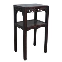 An antique Chinese carved hardwood two tier Table / Plant Stand, rectangular top above carved and