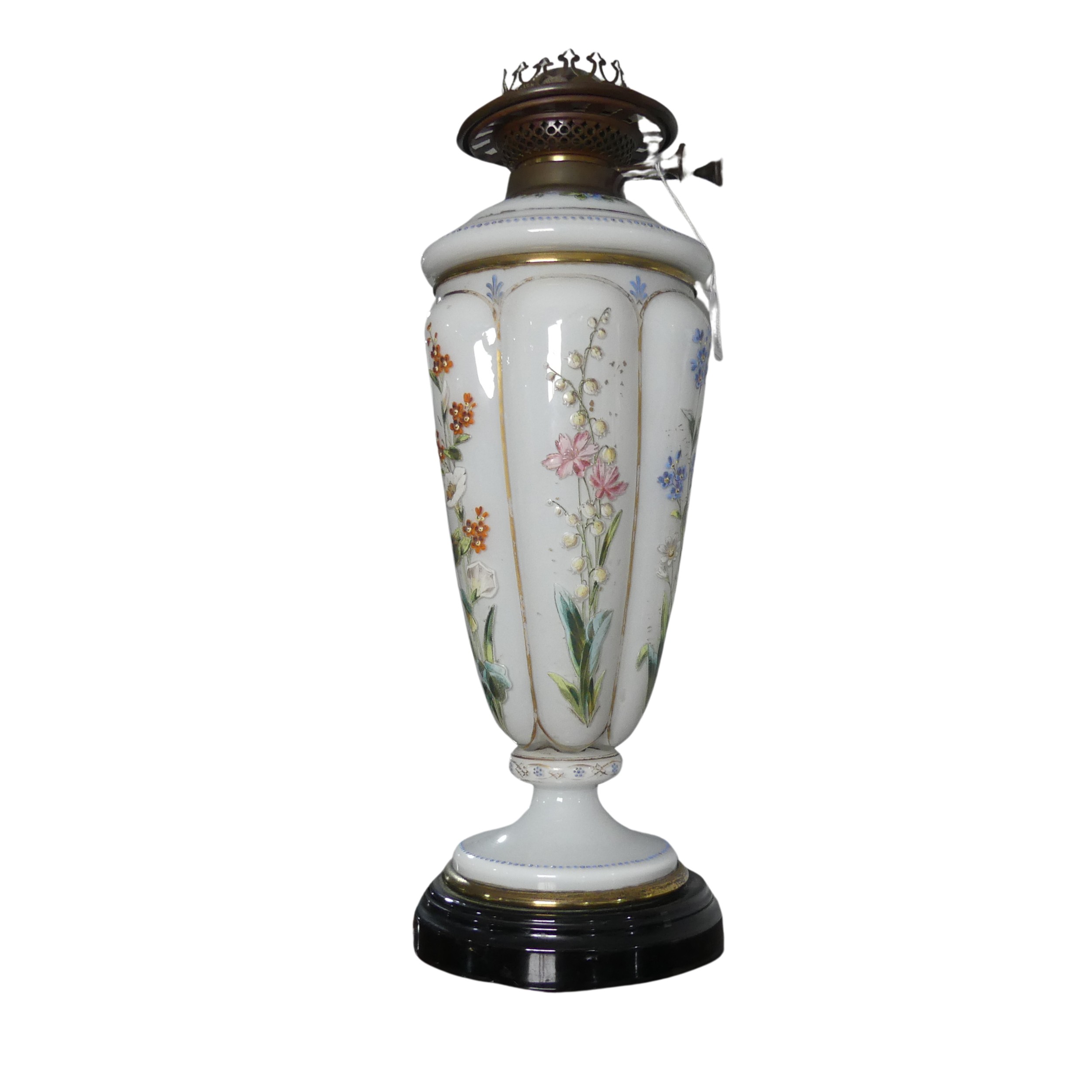 A Victorian opaque and painted glass Oil Lamp, by 'Wright & Butler, Birmingham', burner marked ' - Image 2 of 2