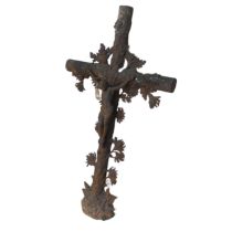 A very large antique possibly late 19th century French cast iron Crucifix, depicting Christ surround