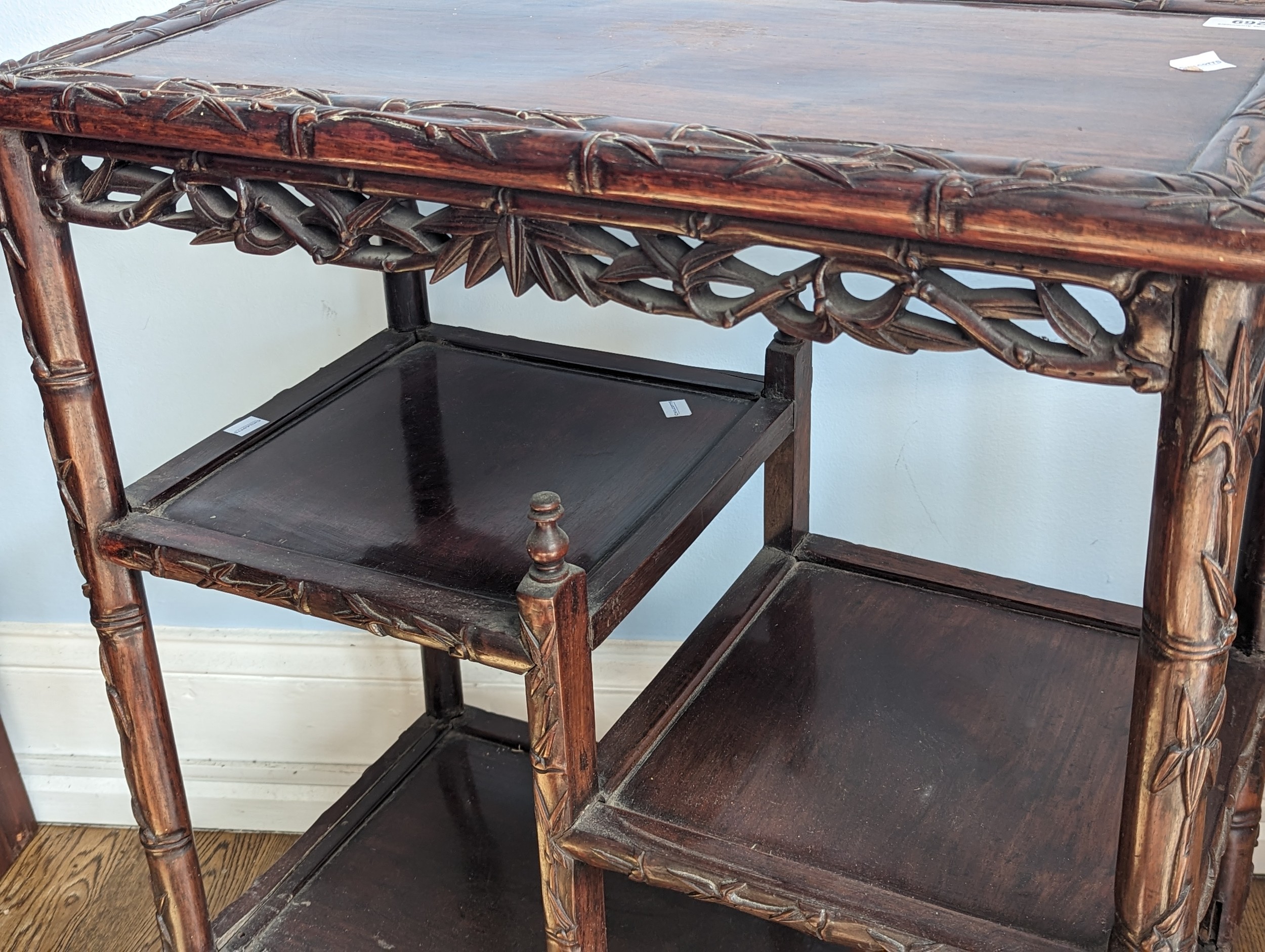 An antique Chinese rosewood side Table, the rectangular top with carved bamboo style edges, tiered - Image 4 of 5